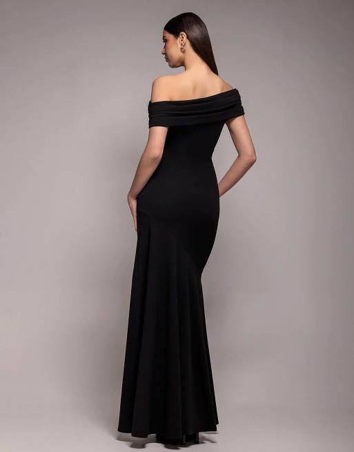 Goddiva Pleated one shoulder bardot fit and flare maxi dress in black, 2 of 4