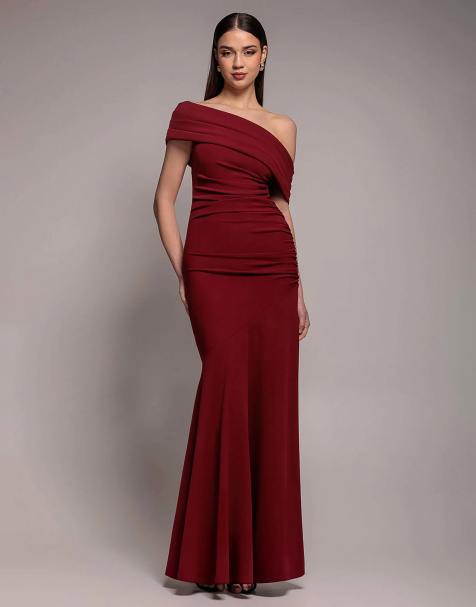 Goddiva Pleated one shoulder bardot fit and flare maxi dress in burgundy