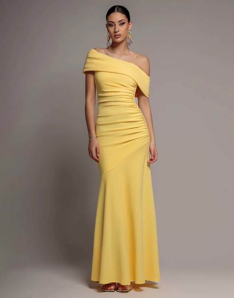 Goddiva Pleated one shoulder bardot fit and flare maxi dress in butteryellow - view 1