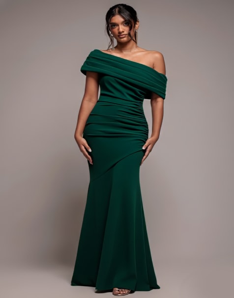 Goddiva Pleated one shoulder bardot fit and flare maxi dress in emeraldgreen - view 1