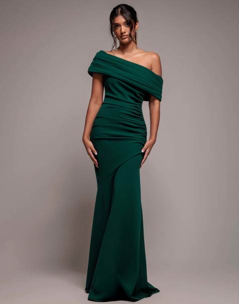 Goddiva Pleated one shoulder bardot fit and flare maxi dress in emeraldgreen