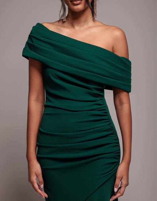 Goddiva Pleated one shoulder bardot fit and flare maxi dress in emeraldgreen, 3 of 4
