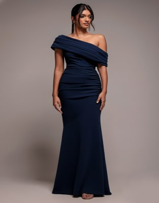 Goddiva Pleated one shoulder bardot fit and flare maxi dress in navy