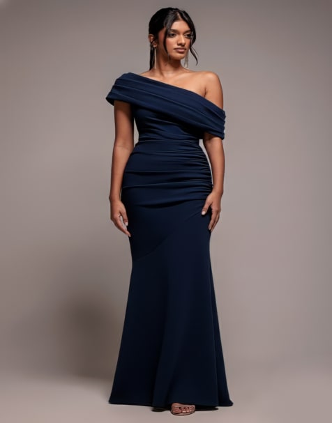 Goddiva Pleated one shoulder bardot fit and flare maxi dress in navy - view 1