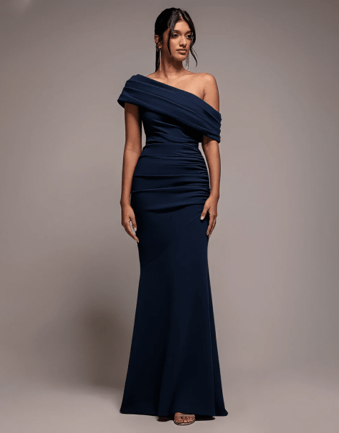 Goddiva Pleated one shoulder bardot fit and flare maxi dress in navy