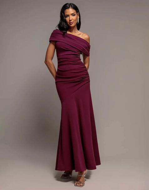 Goddiva Pleated one shoulder bardot fit and flare maxi dress in plum