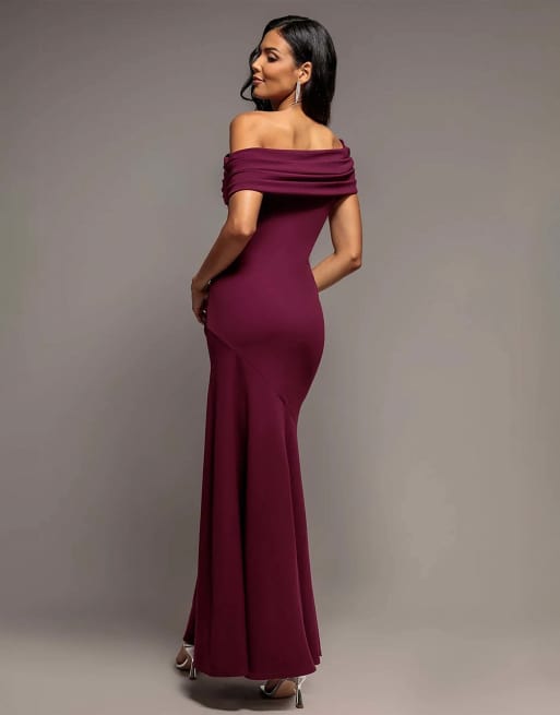 Goddiva Pleated one shoulder bardot fit and flare maxi dress in plum, 2 of 4