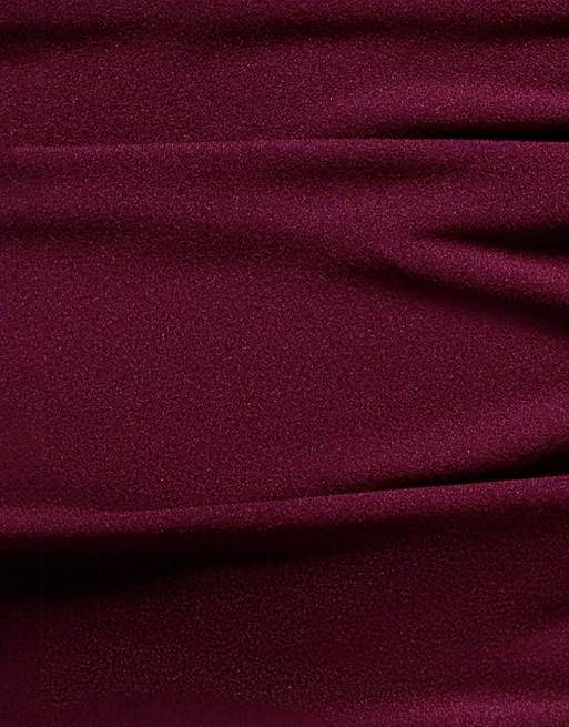 Goddiva Pleated one shoulder bardot fit and flare maxi dress in plum, 4 of 4