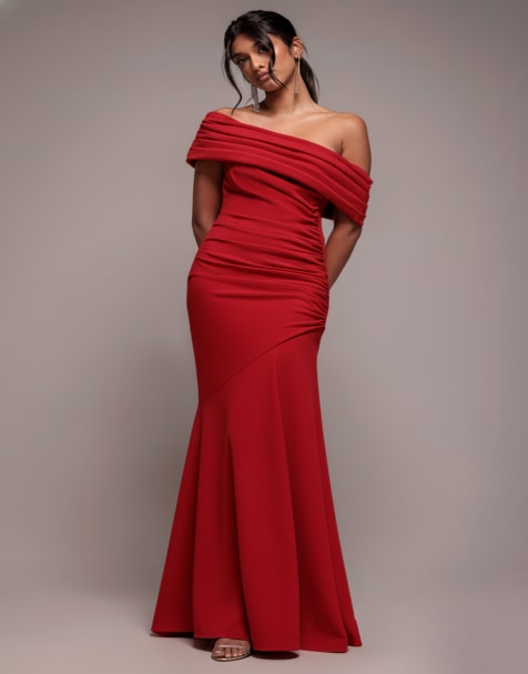 Goddiva Pleated one shoulder bardot fit and flare maxi dress in red