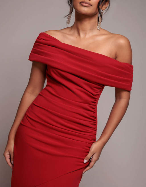 Goddiva Pleated one shoulder bardot fit and flare maxi dress in red, 2 of 4