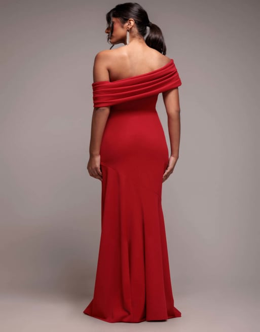 Goddiva Pleated one shoulder bardot fit and flare maxi dress in red, 4 of 4