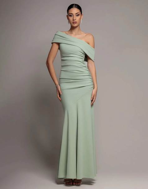 Goddiva Pleated one shoulder bardot fit and flare maxi dress in sagegreen
