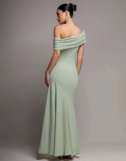 Goddiva Pleated one shoulder bardot fit and flare maxi dress in sagegreen, 3 of 4