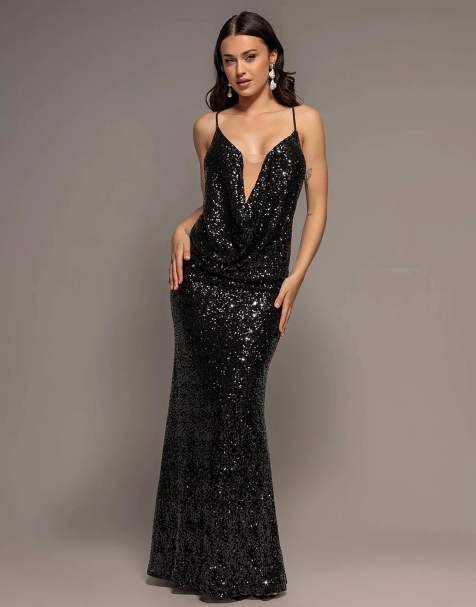 Goddiva Plunge cowl criss cross back sequin maxi dress in black - view 1