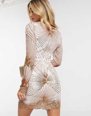 goddiva plunge embellished sequin mini dress with long sleeves in rose pink