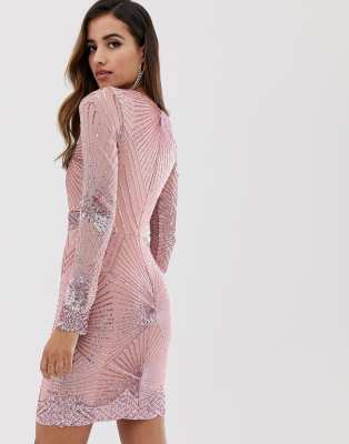 goddiva plunge embellished sequin mini dress with long sleeves in rose pink