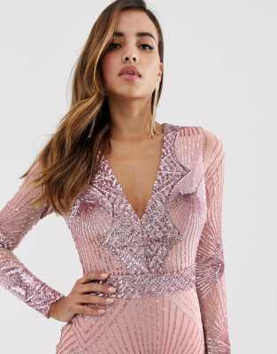 goddiva plunge embellished sequin mini dress with long sleeves in rose pink