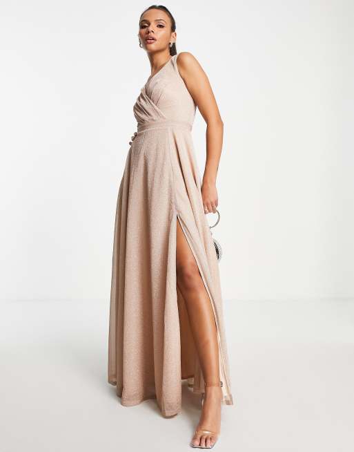 Goddiva plunge maxi dress with side split in blush glitter