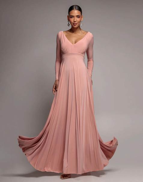 Goddiva Plunge neck long sleeve a line maxi dress in blush - view 1