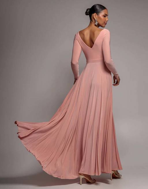 Goddiva Plunge neck long sleeve a line maxi dress in blush, 2 of 4