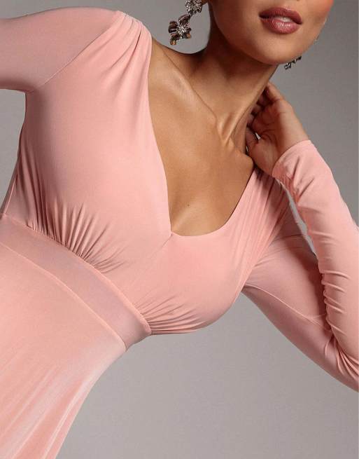 Goddiva Plunge neck long sleeve a line maxi dress in blush, 3 of 4