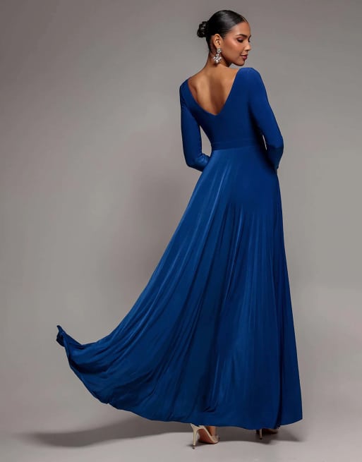 Goddiva Plunge neck long sleeve a line maxi dress in royalblue, 2 of 4
