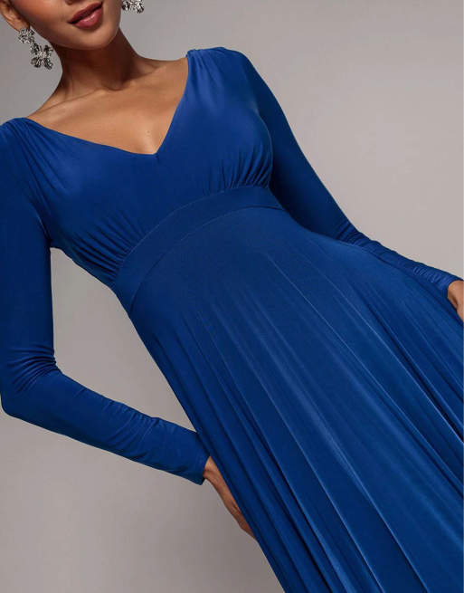 Goddiva Plunge neck long sleeve a line maxi dress in royalblue, 3 of 4