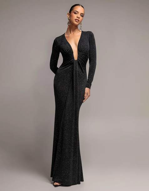 Goddiva Plunge neck long sleeve front draped sparkling maxi dress in black
