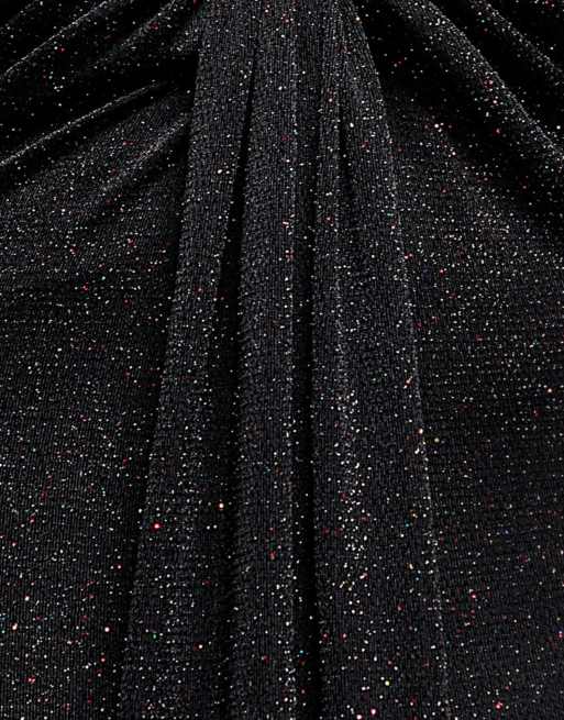Goddiva Plunge neck long sleeve front draped sparkling maxi dress in black, 4 of 4