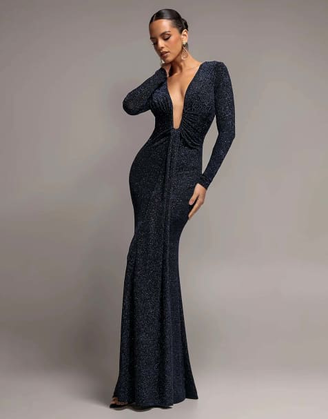 Goddiva Plunge neck long sleeve front draped sparkling maxi dress in navy - view 1