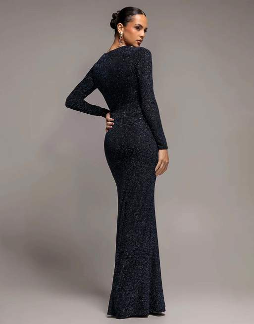 Goddiva Plunge neck long sleeve front draped sparkling maxi dress in navy, 2 of 4