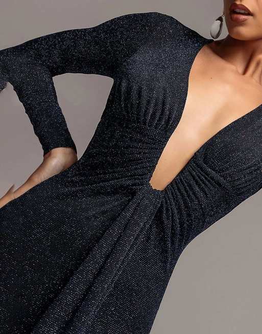 Goddiva Plunge neck long sleeve front draped sparkling maxi dress in navy, 3 of 4