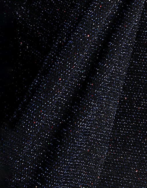 Goddiva Plunge neck long sleeve front draped sparkling maxi dress in navy, 4 of 4