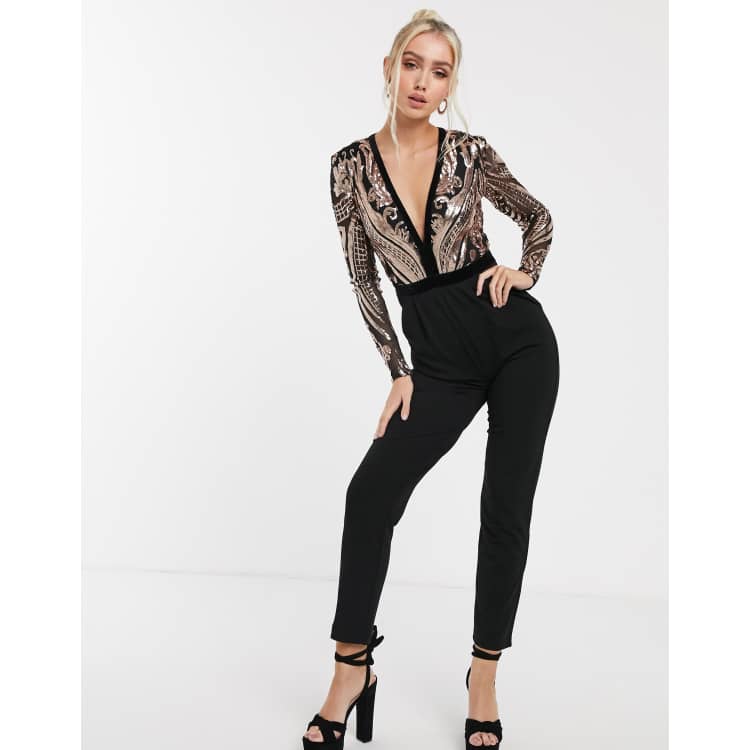 Black and clearance gold sequin jumpsuit