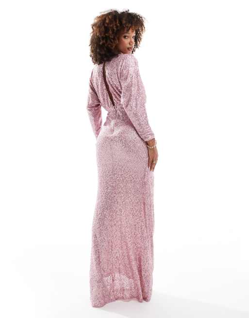 Goddiva Plunge v neck sequin maxi dress in blush ASOS