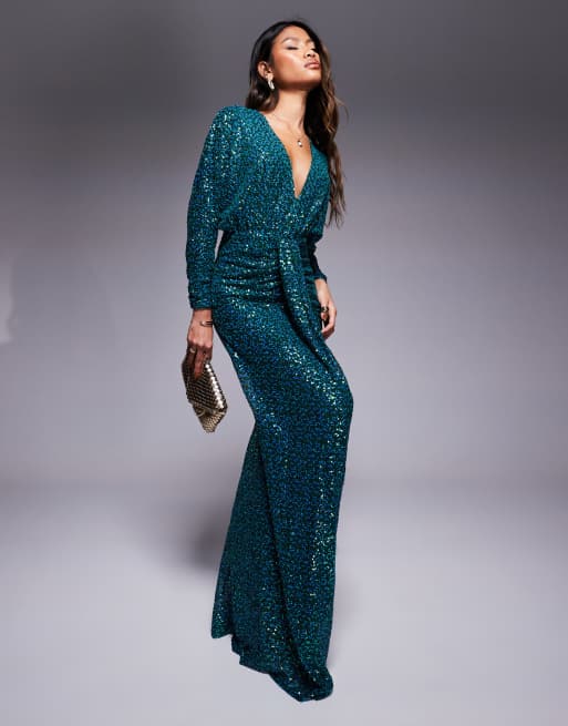 Goddiva Plunge v neck sequin maxi dress in emerald