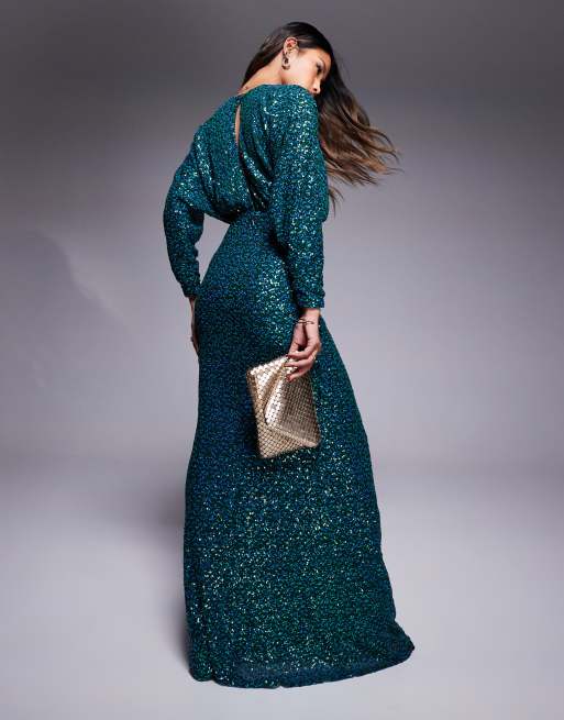 Goddiva Plunge v neck sequin maxi dress in emerald, 2 of 4