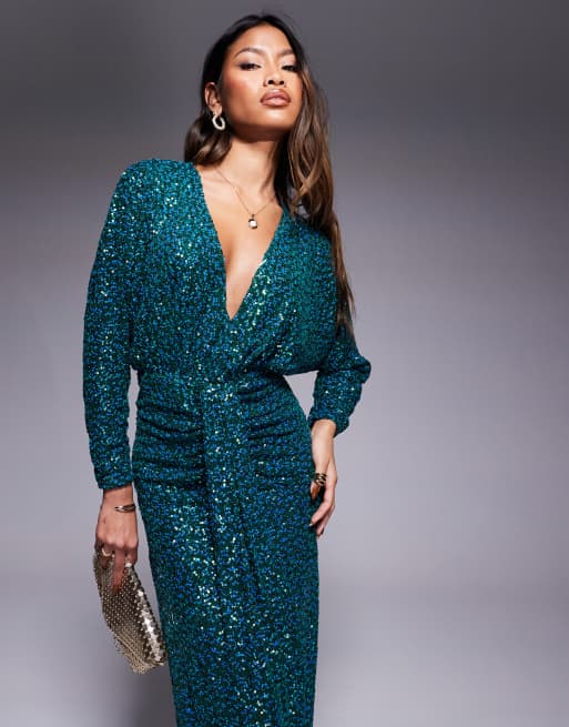 Goddiva Plunge v neck sequin maxi dress in emerald ASOS