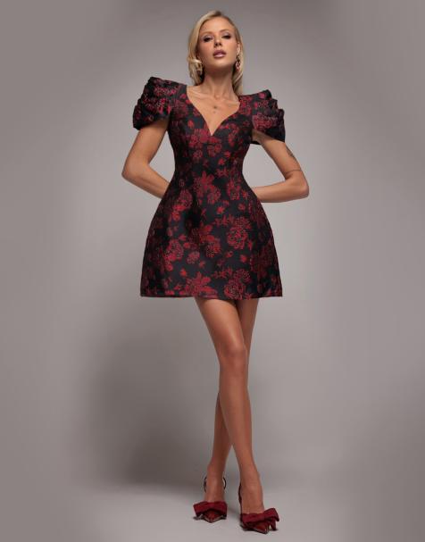 Goddiva Plunging neck pleated sleeve jacquard mini dress in black - view 1