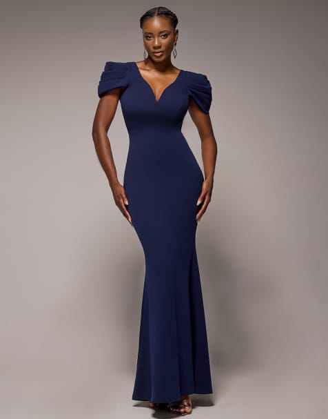 Goddiva Plunging neck pleated sleeves  maxi dress in navyblue - view 1