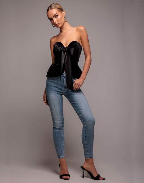 Goddiva Plunging sweetheart strapless peplum velvet & satin corset in black - view 1