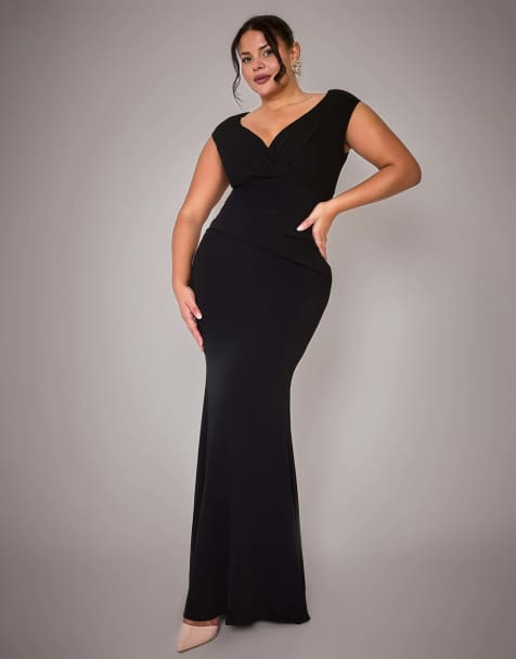 Goddiva Plus bardot pleated maxi dress in black
