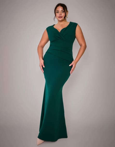 Goddiva Plus bardot pleated maxi dress in emerald - view 1