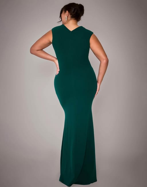 Goddiva Plus bardot pleated maxi dress in emerald, 3 of 4