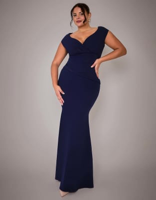 Goddiva Plus Bardot Pleated Maxi Dress In Blue