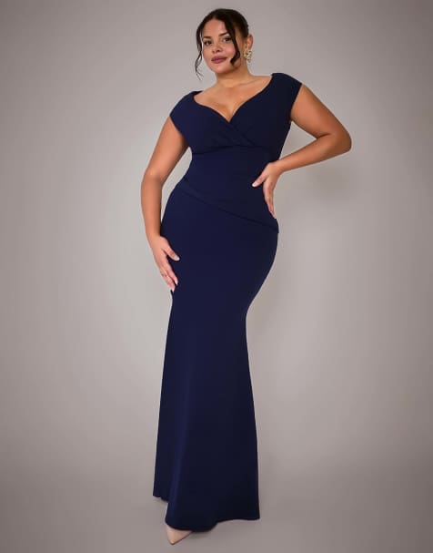 Goddiva Plus bardot pleated maxi dress in navy - view 1