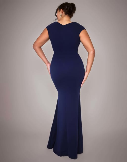 Goddiva Plus bardot pleated maxi dress in navy, 4 of 4