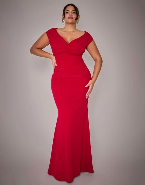 Goddiva Plus bardot pleated maxi dress in red - view 1