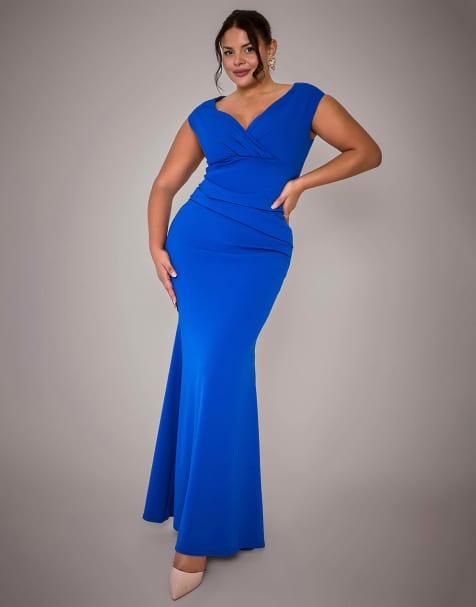 Goddiva Plus bardot pleated maxi dress in royalblue