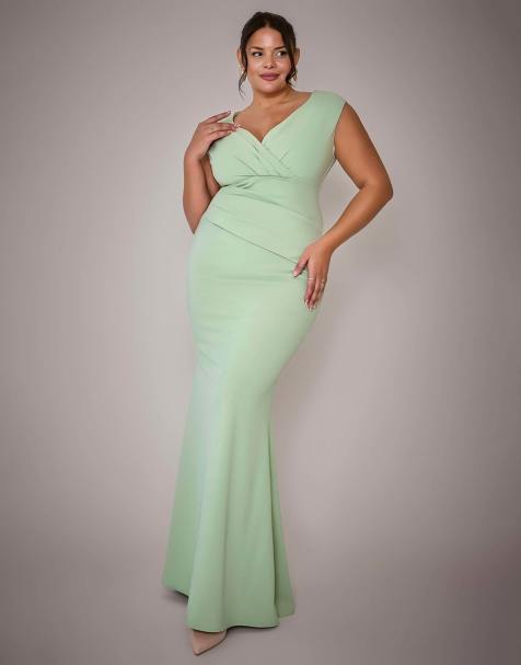 Goddiva Plus bardot pleated maxi dress in sagegreen
